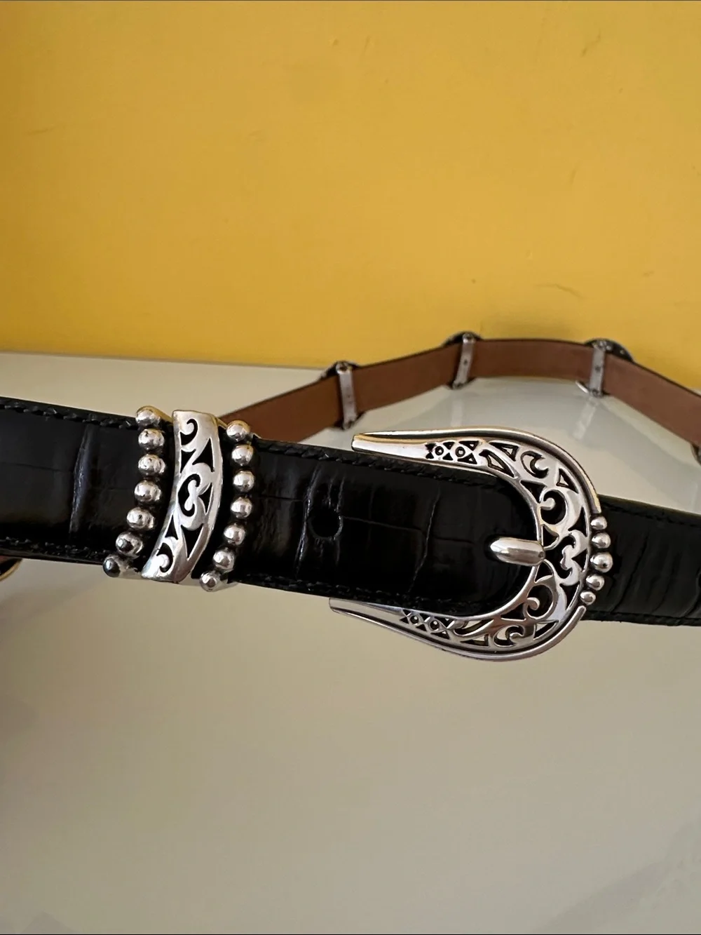 Brighton Women’s Black Croc-Embossed Western-Inspired Leather Belt Silver Buckle